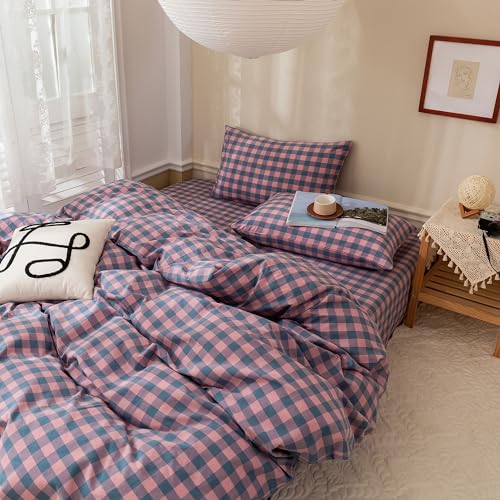 Image of EAVD Modern Purple Pink Plaid Duvet Cover Queen Soft 100% Washed Cotton Reversible Grid Bedding Duvet Cover with 2 Pillowcases Geometric Simple Plaid Comforter Cover with Zipper Closure