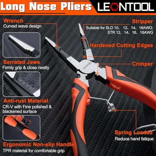 LEONTOOL 6-in-1 Long Nose Plier, 8" Multipurpose Needle Nose Pliers with Wire Stripper/Crimper/Cutter Function - Image 2