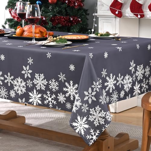 Alishomtll Christmas Grey Tablecloth, Snowflake Rectangle Washable Table Cloth, Waterproof Wipe Clean Table Cover, Winter Holiday Party Dinner Decoration, 55x79in/140x200cm