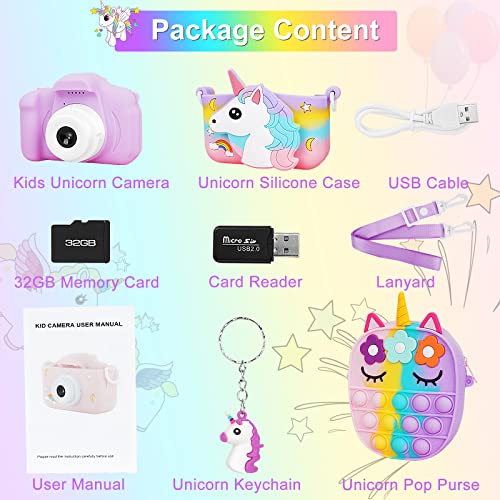 Kids Camera Kids Camera For Girls Unicorn Camera Gift For 5 6 7 8 Year Old Girls Unicorn Camera For Kids Girls 8X Zoom Hd 1080P 32Gb Sd Card With Unicorn Pop Purse (Colorful) #TOP6