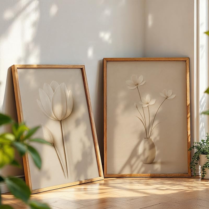 Image of NoWorries Minimal Lotus Flower Wall Painting Set of 2 with Frame | Soft White Floral & Vase Botanical Artwork, Neutral Beige Nature Wall Decor for Living Room, Bedroom, Office and Home Decoration (Art-5, 10x13inch)