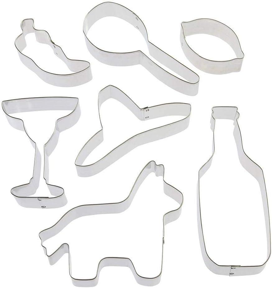 Fiesta Cookie Cutter 7 Pc Set HS0434 Includes 4 in Margarita Glass, 4.75 in Pinata, 2.75 in Lemon, 4.75 in Sombrero, 5.5 in Maraca, 3 in Chili Pepper, 6 in Beer Bottle, Recipe - Foose - USA
