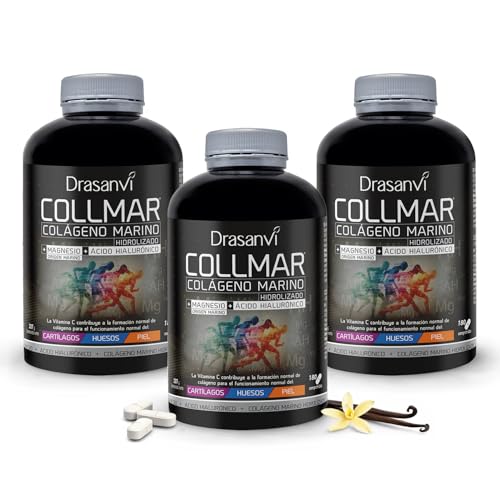Drasanvi COLLMAR Colágeno Marino Hidrolizado 3.900 mg + Magnesio + Ácido Hialurónico | Suplemento para Articulaciones, Piel & Huesos | 3 × 180 Comprimidos | Sabor Vainilla