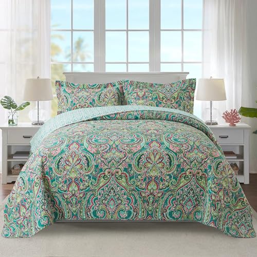 NEWLAKE Cotton Bedspread Quilt Sets-Reversible Patchwork Coverlet Set, European Teal Floral Pattern, California King Size
