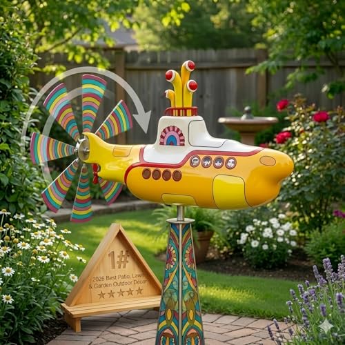 2D Yellow Submarine Wind Spinner - Metal Submarine Style Yard Spinner with Rotating Blades - 12.6 Wind Sculpture for Outdoor Garden Decor Patio Lawn and Flower Bed