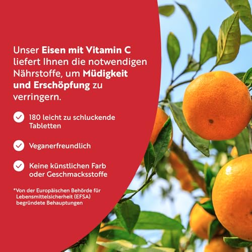 Eisentabletten mit 40 mg Eisen + Vitamin C (80mg) - 180 vegane Tabletten - Eisen Vitamin C Hochdosiert - ohne unerwünschte Zusatzstoffe - 6 Monate Vorrat - Hergestellt von Nutravita