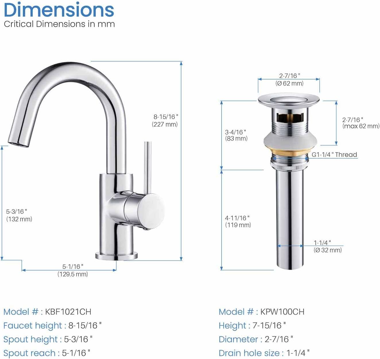 KIBI Single Handle Bathroom Sink Faucet with Pop Up Drain, High Arc Spout | Solid Brass Construction | Durable Ceramic Cartridge | Leak-Free Technology | Chrome Finish, KBF1021