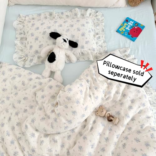 Image of BuLuTu Muslin Cotton Kids Duvet Cover with Ruffles for Toddler Bed /Crib Comforter /Quilt Cover Shabby Chic Blue Freesia Print Toddler Duvet Cover Girls Boys, 47 inchx59 inch, No Pillow Cases