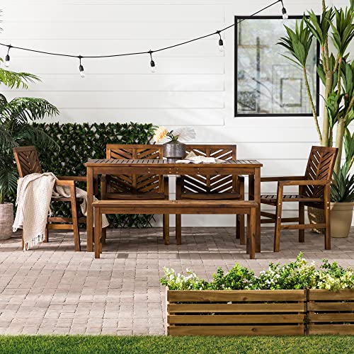 Walker Edison 7 Person Outdoor Wood Chevron Patio Furniture Dining Set Table Chairs Bench All Weather Backyard Conversation Garden Poolside Balcony, 6 Piece, Dark Brown #TOP1