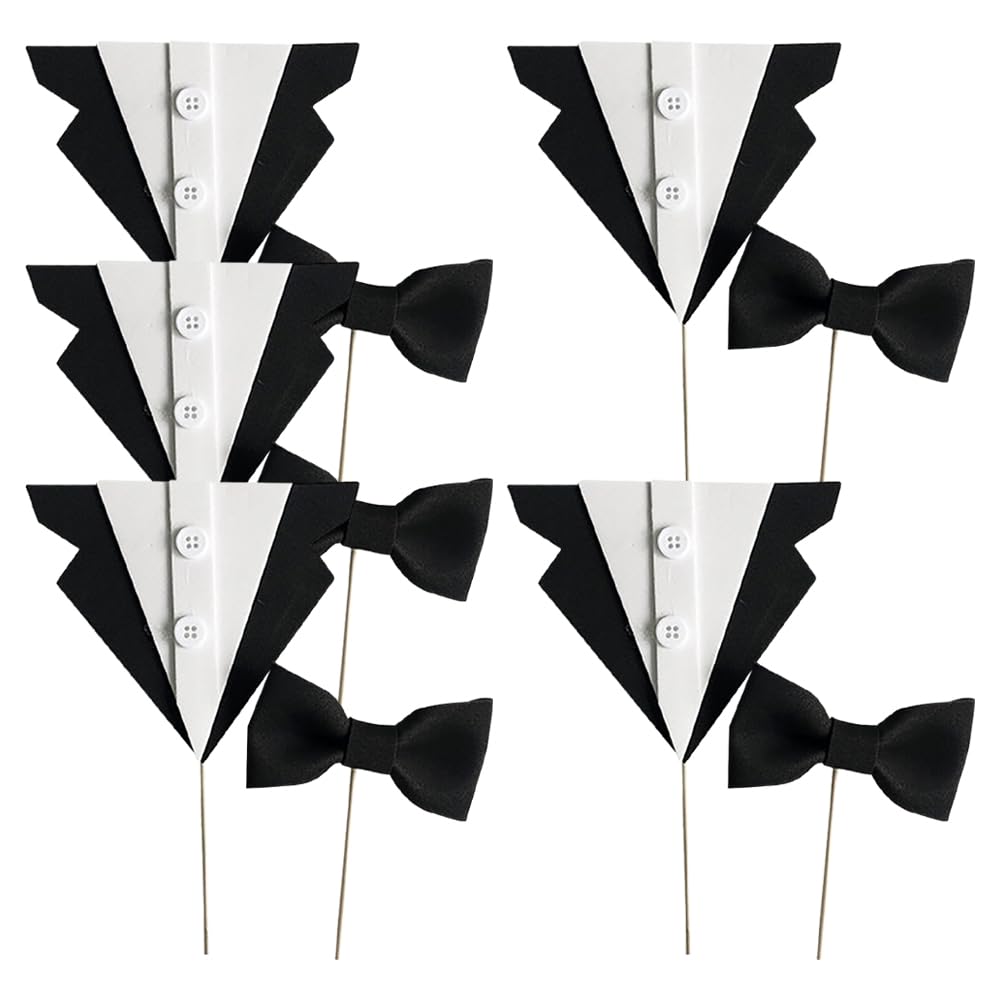 FSSTUD 10 Sets Suit Bow Cake Toppers Father's Day Theme Party Cupcake Toppers Tuxedo Cake Topper Picks Bowtie Cupcake Toothpicks Dessert Decoration Picks for Husband Dad