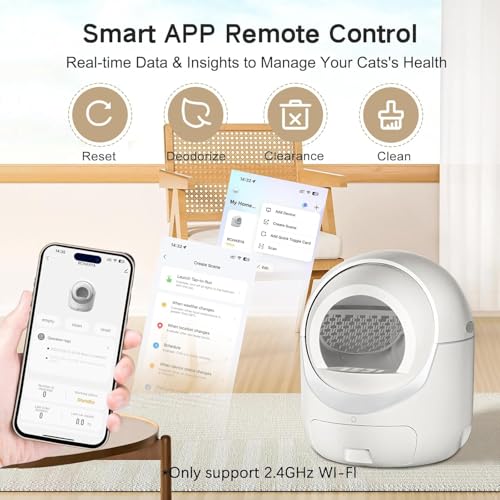 Self Cleaning Cat Litter Box, Automatic Cat Litter Box with APP Control Odor Removal Safety Protection for Multiple Cats, with Garbage Bags