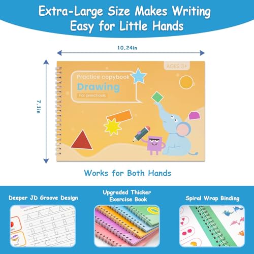 Magic Grooved Writing Practice for Kids Ages 3–8, Reusable Handwriting Workbooks with Deep Tracing Grooves and Preschool Learning Activities, Perfect Educational Gift