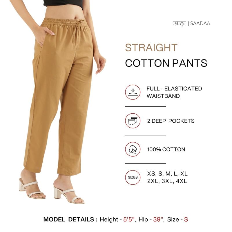 Image of SAADAA Cotton Straight Pants for Women | Breathable Everyday Wear Trousers | Drawstring, Deep Pockets & Elastic Waistband | Casual & Comfortable Fit