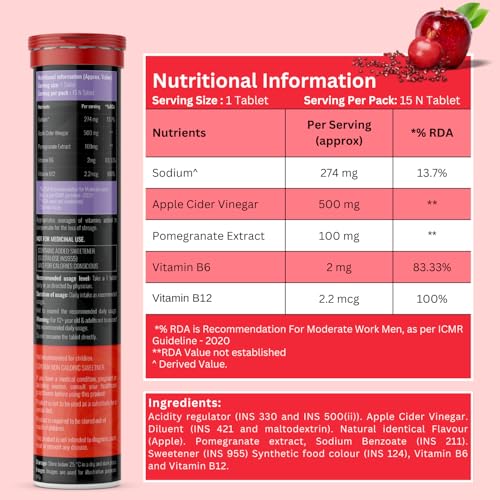 Image of Apple Cider Vinegar Effervescent Tablet - For Weight Loss With Pomegranate Extract, Vitamin B6 & B12 For Refreshing Detox & Metabolism Boost, No added Sugar (15 count (Pack of 2), Apple)