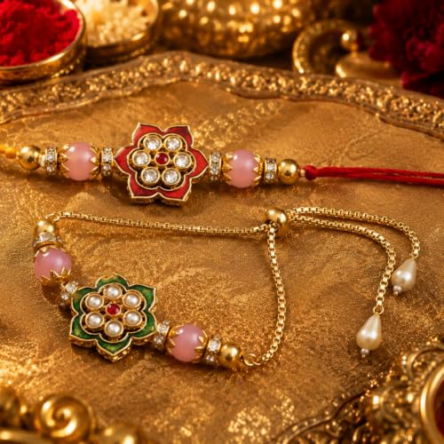 Image of CraftVatika Rakhi Set for Brother Bhabhi, Couple Pair Designer Rakhi for Borther Bhaiya Bhabhi, Men Women Sister, with Rakshabandhan Greeting Card, Fridge Magnet Gift, Tilak Set, Home Decor Gift