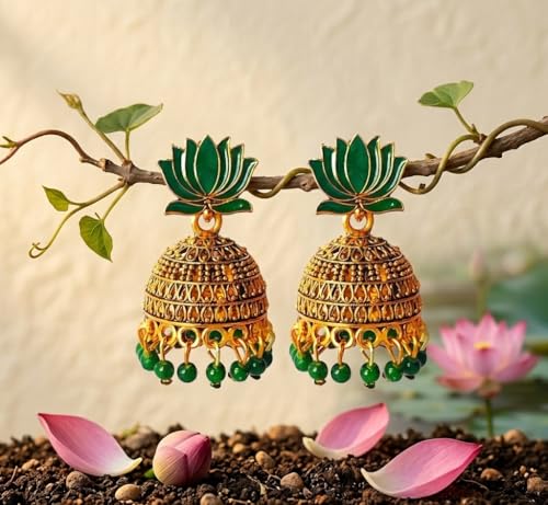 Image of OnlyKing Traditional Lotus Meenakari Jhumka Earrings for Women & Girls | Gold Color Oxidised Ethnic Floral Jhumki | Temple South Indian Style Ear rings Set | Stylish Trending Big Colorful Jhumkas (Available in 12 Colors)