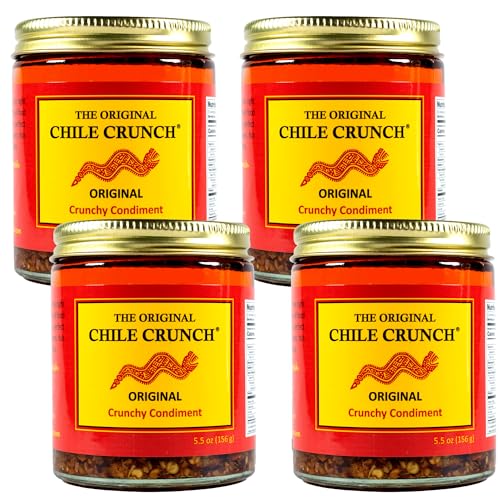 CHILE CRUNCH - Original Spicy Crunchy Condiment - All Natural Roasted Chili Peppers, Garlic &amp; Onion Crisp Sauce - Vegan, Gluten-Free, No Preservatives - Homemade Authentic Mexican Recipe 5.5oz (4 Pack)