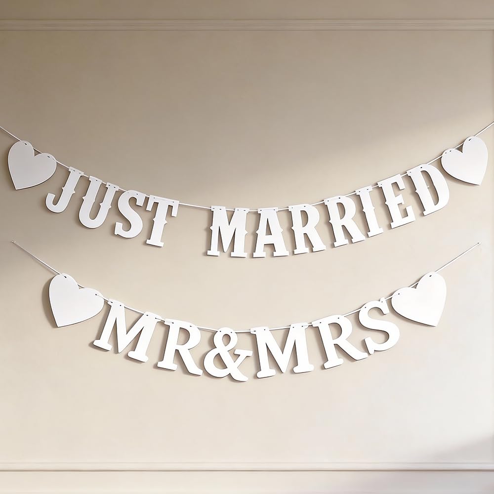 2PCS Just Married Banner - White Wedding Decorations Set, Foldable Hanging Sign for Wedding Reception, Bridal Shower Party Decor