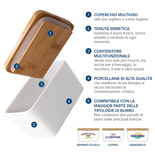 Joeji's Portaburro da Frigo in Ceramica Bianca con Coperchio in Bambù – Burriera 500 ml Ermetica per Burro Fresco – Porta Burro Grande da Tavola per Cucina e Frigorifero - immagine 4