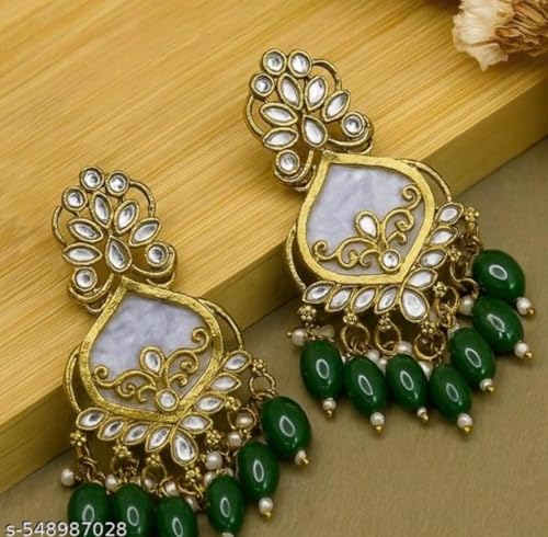 Image of Traditional 20K Gold Plated Kundan Chandbali Earrings with Black Beads and Faux Pearls for Women - Ethnic Wedding & Partyy Wear Statement Jewelry