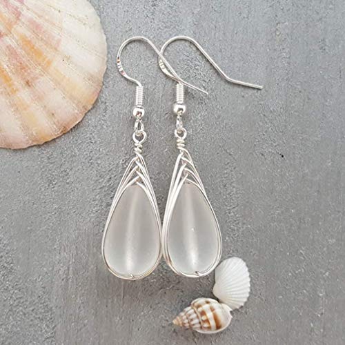 Handmade in Hawaii, Special Wire Braided"Crystal" sea glass earrings,"April Birthstone", (Hawaii Gift Wrapped, Customizable Gift Message)