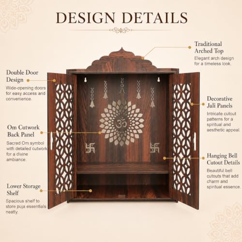 Image of The Castle Decor Wooden Mandir for Home, Premium MDF Home Temple with Double Doors for Pooja Room, Wall Hanging & Tabletop Temple, Matte Finish, 16.5 x 24.5 x 10.5 Inch (Design 6)