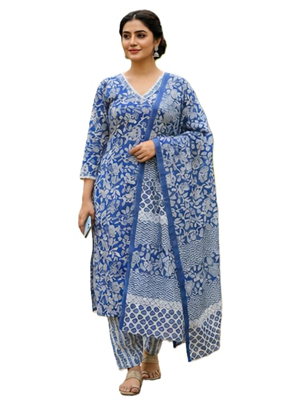bilanza Women's South Cotton Floral Printed Kurta with Pant and Dupatta Set | Salwar Suit Set-picture-45