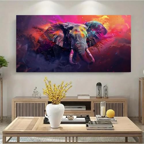 Tableau éléphant coloré 70x140 cm encadré pour salon