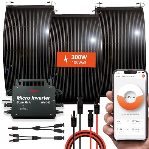 Wonder Full Energy – Kit solar completo listo para enchufar flexible 300 W – Monocristalino, alta eficiencia, IP67 – Ligero – Superficies curvas – para balcón, camping coche, barcos, etc... – Plug and