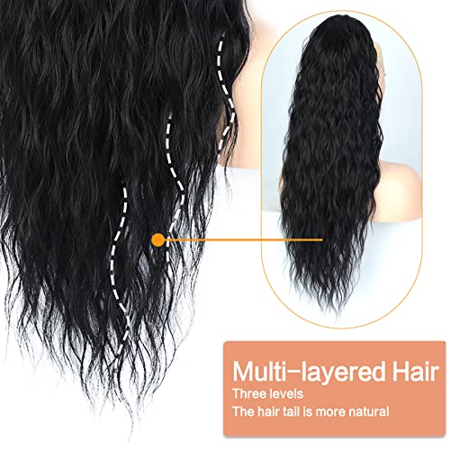 Stamped Glorious 26 Inch Long Wavy Black Drawstring Ponytail Extension For Women Synthetic Long Curly Ponytail Hair Extensions Natural Soft Hair Pieces For Daily Party Use #TOP1