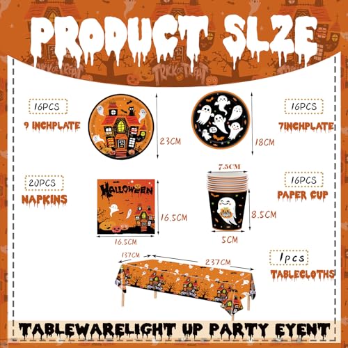 69pcs Halloween Party Tableware Set - Plastic Table Cloth, Paper Plates, Napkins, Cups - Ghost Trick or Treat Orange Dinnerware for Party Table Decorations - Image 2