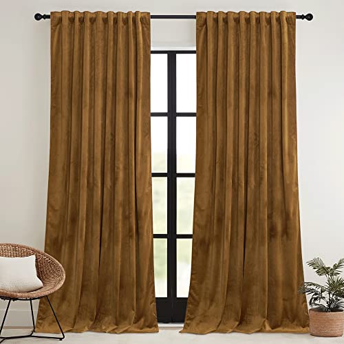 Image of RYB HOME Gold Brown Velvet Curtains 63 inches Length with Hook Belt | Soft Fabric, Room Darkening, Thermal Insulated, Luxurious Home Decor, Drapes for Living Room Bedroom, W42 x L63, 2 Panels