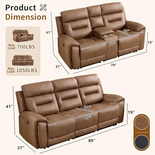 Image of ANJ 2-Piece Faux Leather Power Recliner Sofa Set with Charging Ports, Include 2-Seater Loveseat with Hidden Storage & Cup Holders and Electric 3-Seater Reclining Couch for Living Room, Brown
