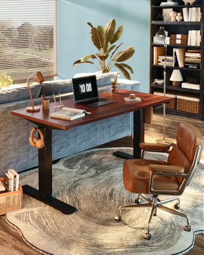 Image of FLEXISPOT EN1 One-Piece Standing Desk, Electric Adjustable with 4 Memory Presets, 176 LBS Capacity, Stable & Quiet, Seamless Desktop for Home Office & Dual Monitors, 55 inchx28 inch Mahogany