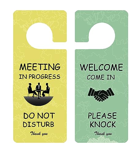 JJDOU Meeting in Progress Office Sign, 2Pack Do Not Disturb Door Hanger Sign/Please Knock Come in Sign, Double Sided- Ideal for Office, Home, Clinic, Hotel, Dorm, Online Class, School, Counselling