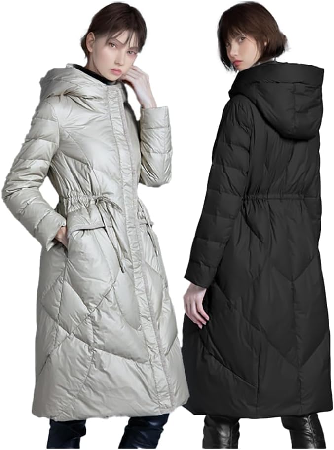 Women's Down Jacket Winter Long Coat Hooded Stand Collar Parka, Black, XL.