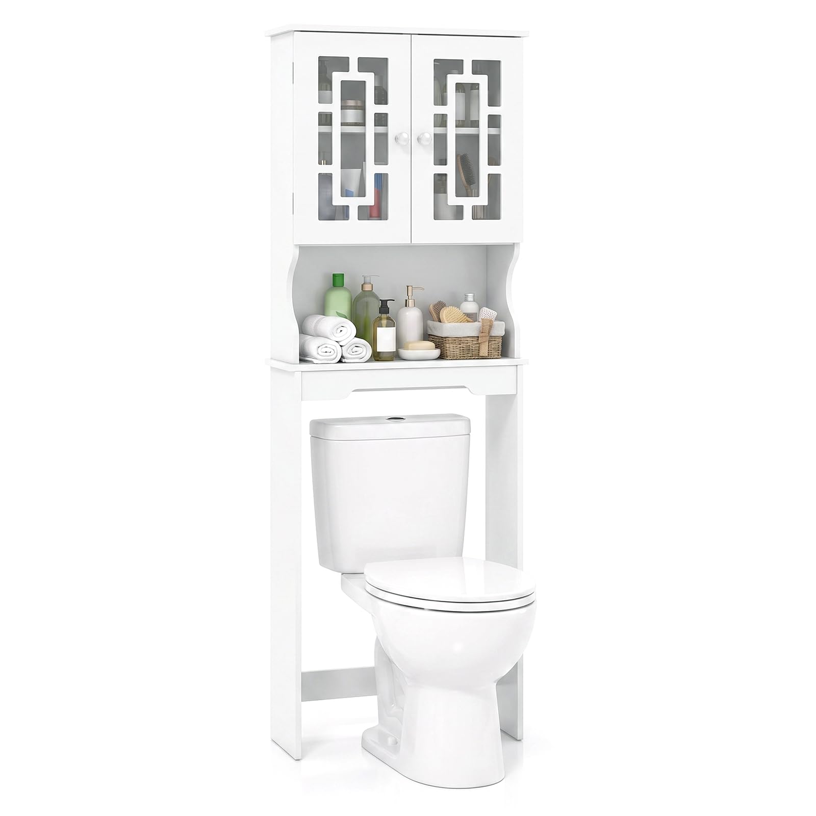 COSTWAY Mueble sobre Inodoro WC con 3 Estantes y 2 Puertas, Estantería para Inodoro, Mueble de baño con Estante Ajustable de Madera, Armario Alto de Almacenamiento, 60 x 21,5 x 169 cm (Blanco)