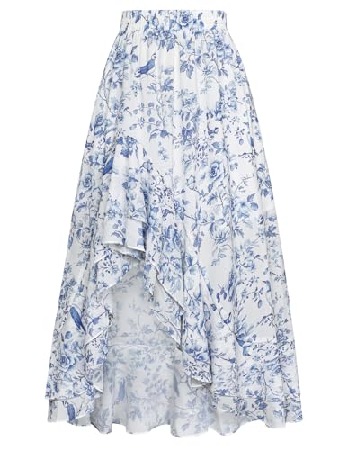Womens Floral Maxi Skirts High Waist Summer Boho Flowy Ruffle Long Skirt with Pockets Sapphire Bird S