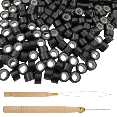 AOEVUIR 200 Piezas Anillos para Extensiones de Pelo, Microring Extensiones de Cabello Natural, Perlas para Extensiones con Silicona, Kit de Herramientas con Aguja y Gancho de Madera 5 mm Negro