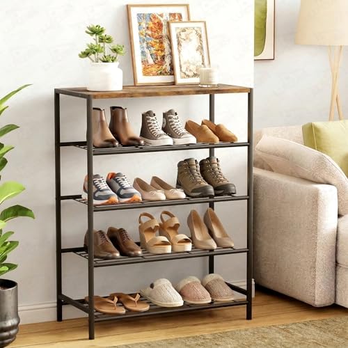 Image of Lukzer 4 Layer Multipurpose Shoe Rack Space Saving Open Storage Shelf for Daily Footwear, Books & Indoor Plants | Compact Freestanding Shoe Stand for Entryway, Balcony & Bedrooms - Black