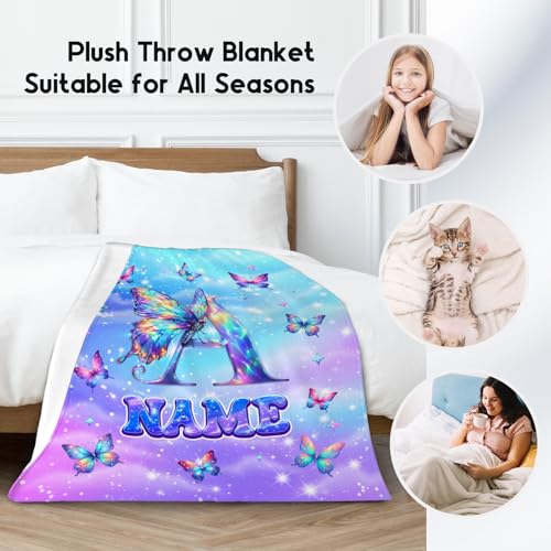 Custom Initial Blanket Butterfly Gifts for Girls - Soft Flannel Monogram Throws for Office, Sofa Room Decor