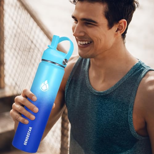 Image of SENDESTAR Stainless Steel Water Bottle, Wide Mouth Water Bottle 18 oz, 24oz,32 oz,40 oz with 2 Lids (Straw Lid), Double Wall Vacuum Insulated Leak Proof, Keep Liquids Hot or Cold