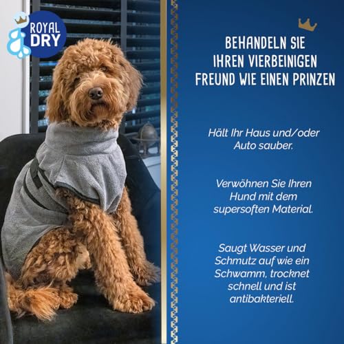 Royal Dry Bademantel Hund XL - Rückenlänge 70-80 cm - Hundehandtuch - Mikrofase - Hundebademantel für große Hunde - Schnell Trocknendes mit Klettverschluss - Grau