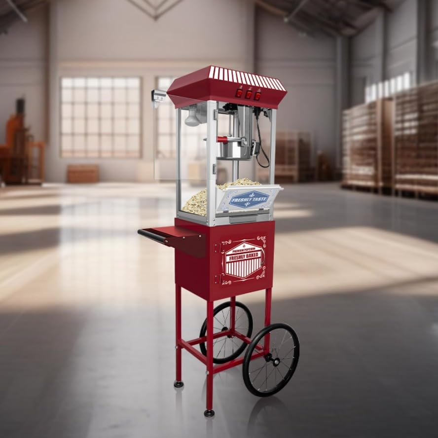 Image of Movie Theater-Style Popcorn Machine Maker with Cart and 12-Ounce Kettle - Red, Vintage-Style Popper on Wheels -LT Red