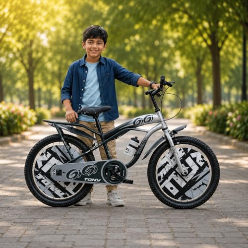 Image of TONY RAW Bicycles Gigi Sports BMX Single Speed Steel Frame 20T Bicycle Cycle for Kids 7 to 10 Years Boys & Girls Double Back Seat with Side Stand and Water Sipper Grey Green