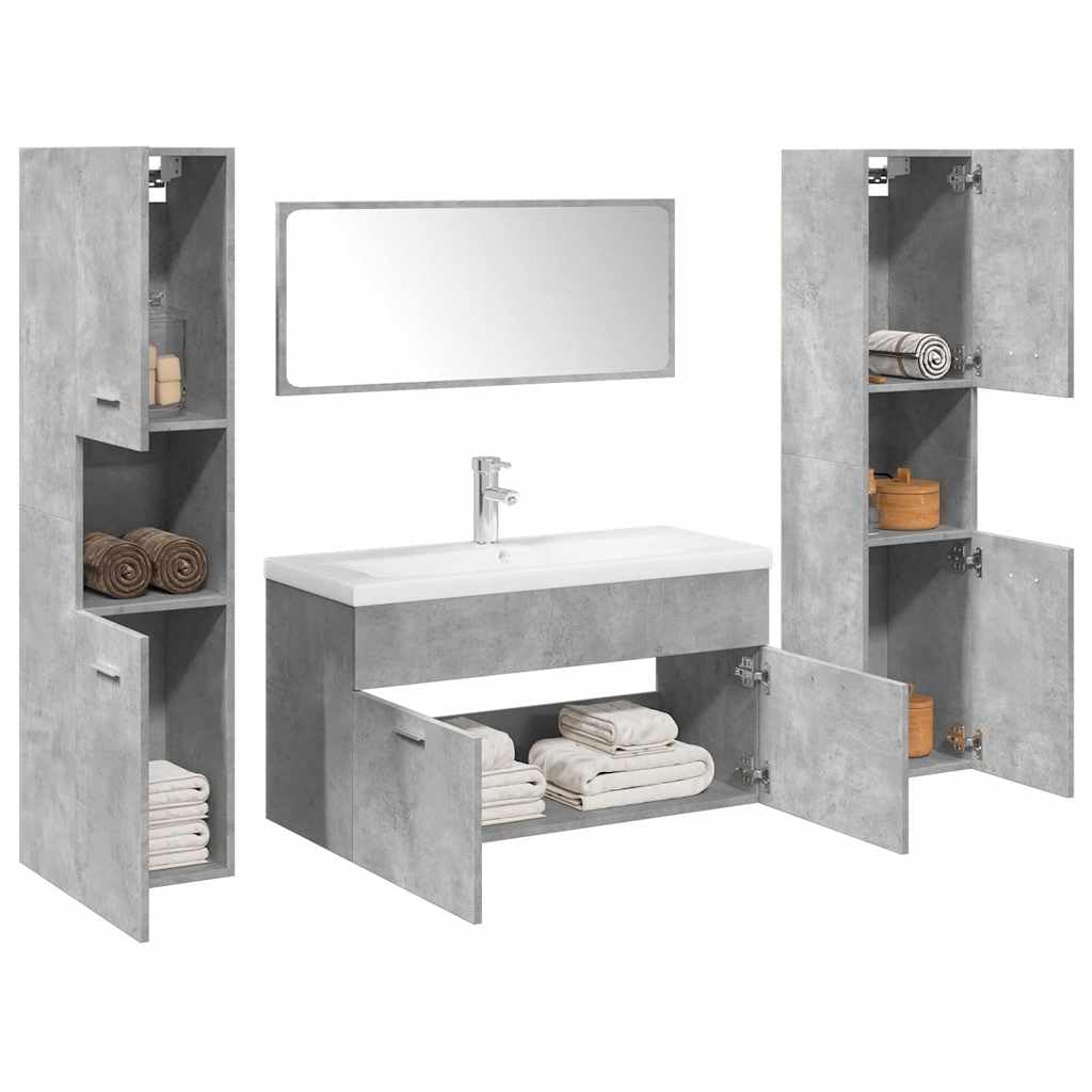 5-TLG. Badmöbel-Set Betongrau Holzwerkstoff mit Hochschrank und Waschbecken