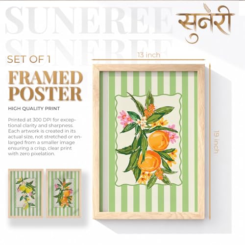 Image of Suneree Botanical Fruit Wall Art Set of 2 Framed Paintings | Lemon Orange Illustration Green Striped Poster | Kitchen Dining Room Home Decor (Art 1, 13x19 Inches)