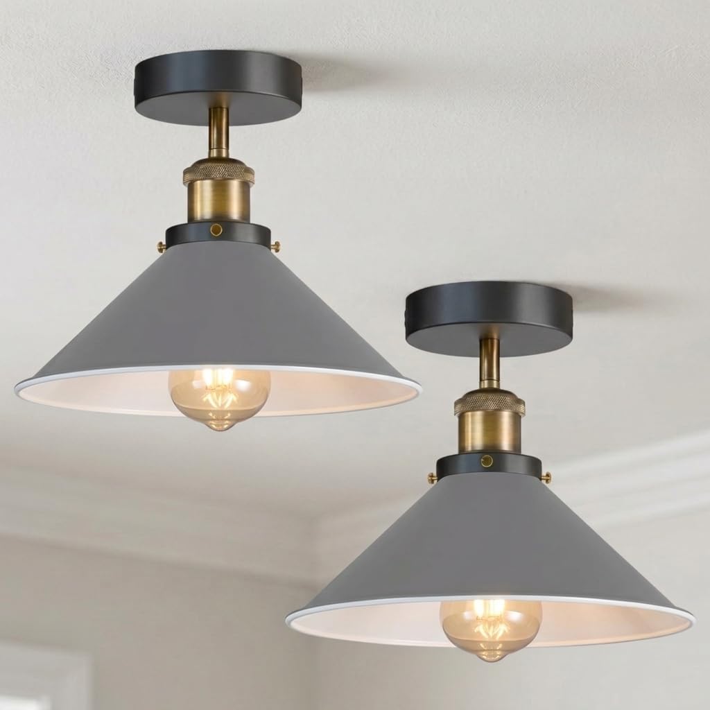 Ledsone Grey 2Pack Vintage Flush Mount Ceiling Lighting Metal E27 With Bulb