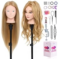 Neverland Beauty & Health 60% Real Human Hair Mannequin Head - 24\" Hairdressing Practice Head Training Styling Heads with Makeup Function + Braid Set(Blue Eyes)