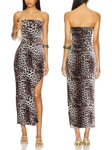 Image of ALENDA DANMOS Womens Strapless Printed Midi Dress with Slit Floral Mesh Tube Top Dresses Ruched Bodycon Party Club Dress 333